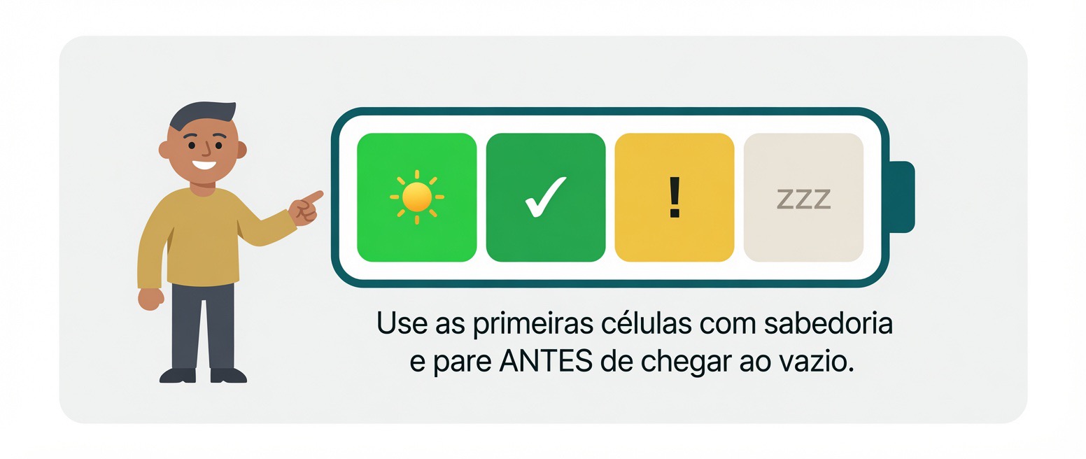 Medidor de bateria do corpo com quatro células: sol, visto, sinal de atenção e zzz. Um homem aponta para o medidor.