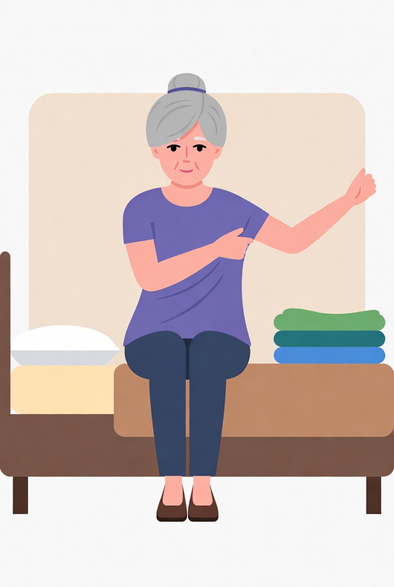 Mulher idosa sentada na beira da cama vestindo a blusa, com as roupas do dia já dobradas ao lado e sapatos sem cadarço no chão.