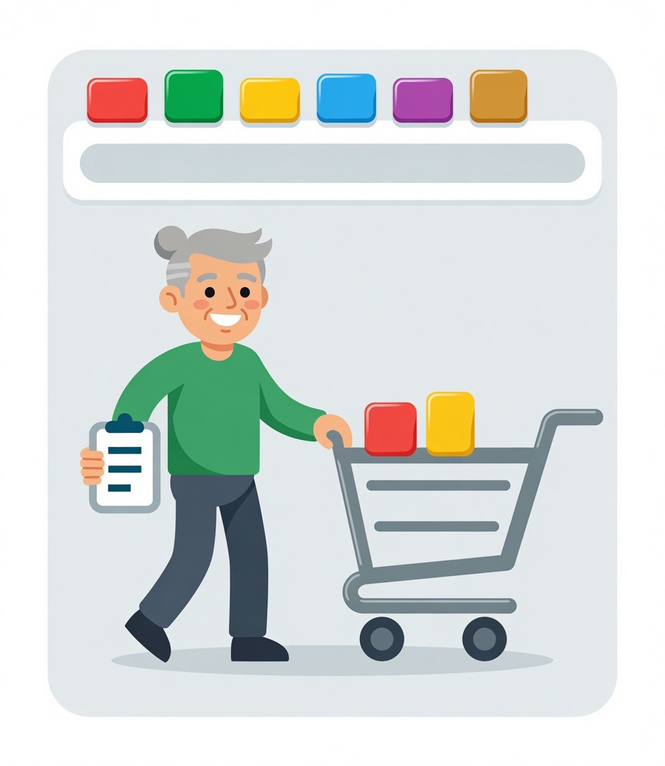 Pessoa idosa empurrando um carrinho de compras com uma das mãos e segurando a lista de compras na outra.