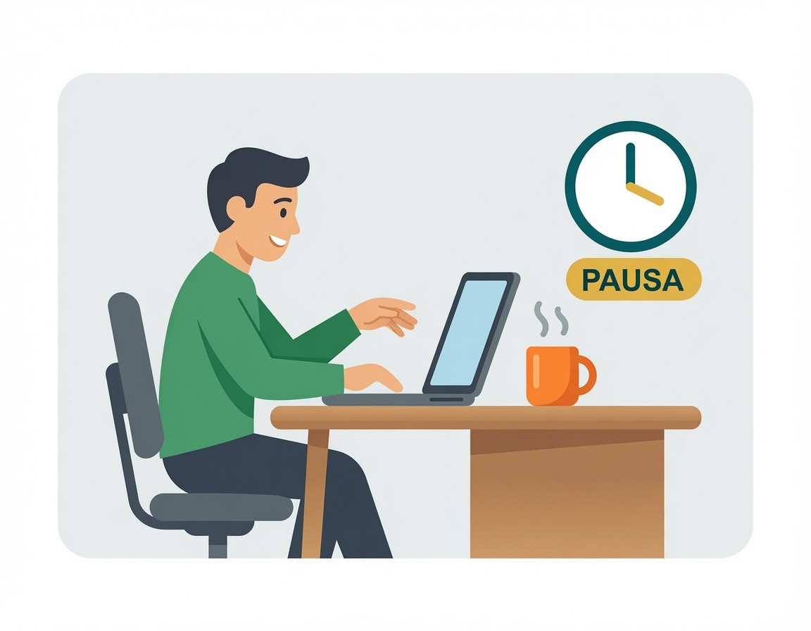 Homem trabalhando no computador em cadeira com apoio, ao lado de um relógio e de um aviso de pausa.
