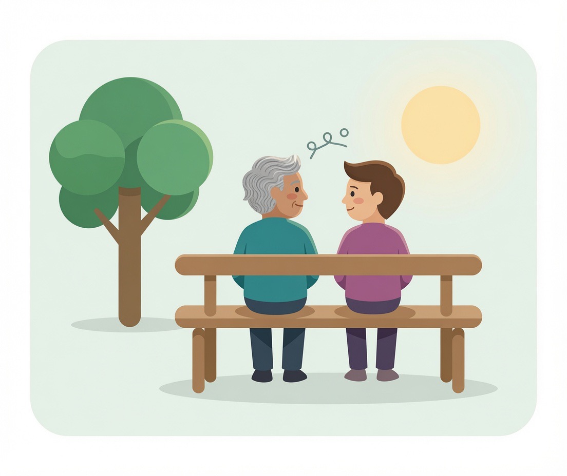 Duas pessoas sentadas lado a lado em um banco de praça, conversando sob o sol.